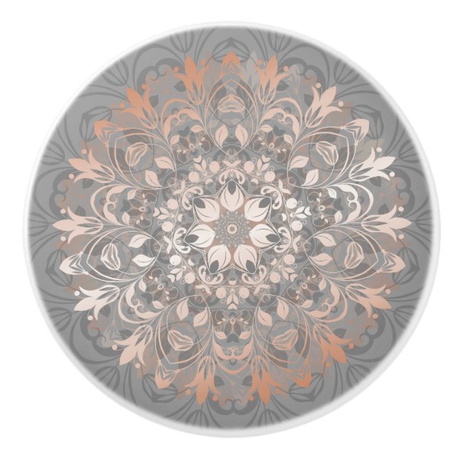 Rose Gold Grey Floral Mandala Ceramic Knob (Front)