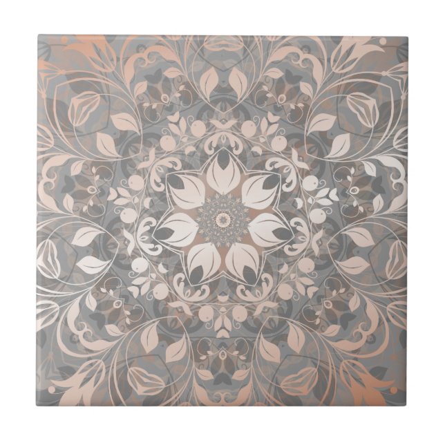Rose Gold Grey Floral Mandala Ceramic Tile (Front)