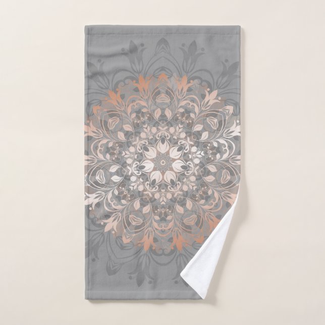 Rose Gold Grey Floral Mandala Hand Towel (Hand Towel)