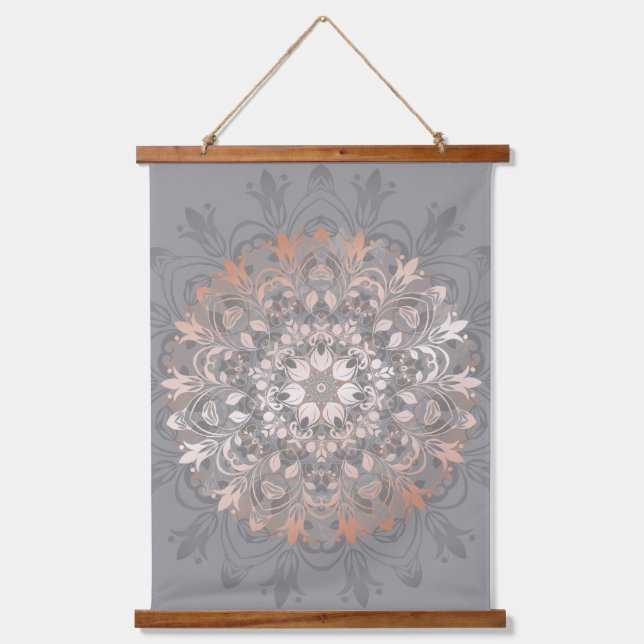 Rose Gold Grey Floral Mandala Hanging Tapestry (Front)