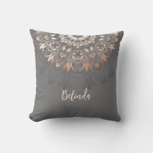 Rose Gold Grey Floral Mandala Monogram Cushion