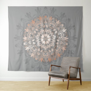 Rose Gold Grey Floral Mandala Tapestry