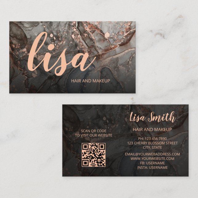 Rose Gold Grey Ink Marble Scan QR Code Business Ca Card (Front/Back)
