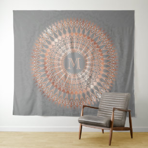 Rose Gold Grey Mandala Monogram Tapestry