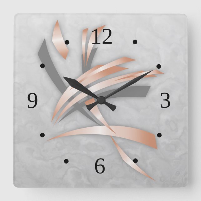 Rose Gold Grey Marble Abstract Art Square Wall Clock (Front)