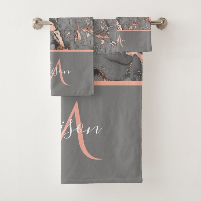Rose Gold & Grey Marble Monogram Luxury Bath Bath  Towel Set (Insitu)