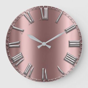 Rose Gold Grey Metal Blush Silver Roman Numbers Large Clock