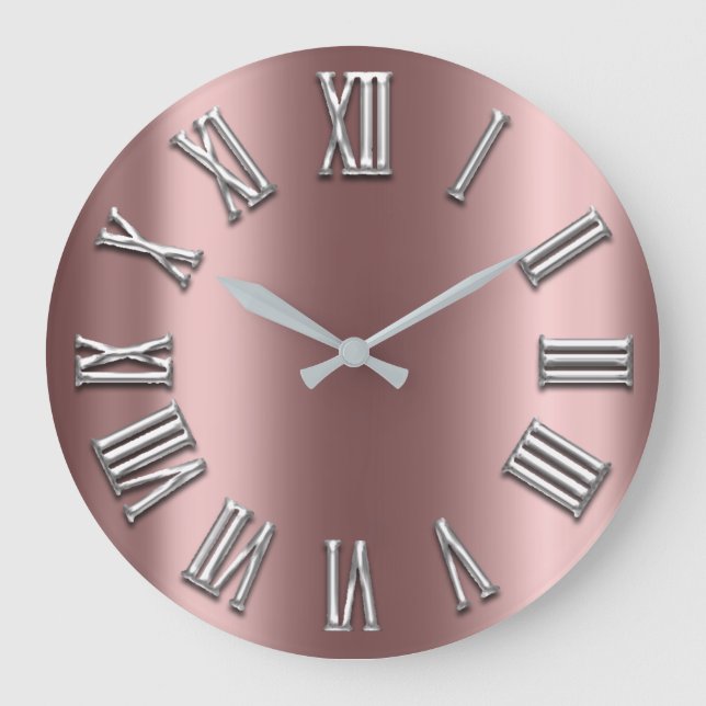 Rose Gold Grey Metal Grey Silver Roman Number Large Clock (Front)