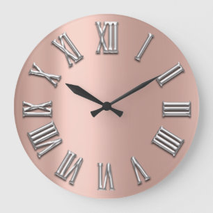 Rose Gold Grey Metal Grey Silver Roman Number Large Clock