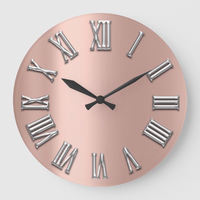 Rose Gold Grey Metal Grey Silver Roman Number Large Clock (Front)