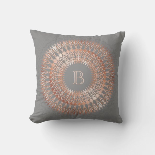 Rose Gold Grey Modern Mandala Monogram Cushion (Front)