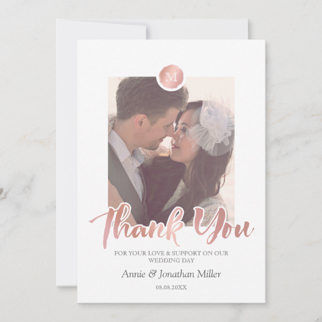 Rose Gold & Grey Monogram Wedding Photo Thank You (Front)