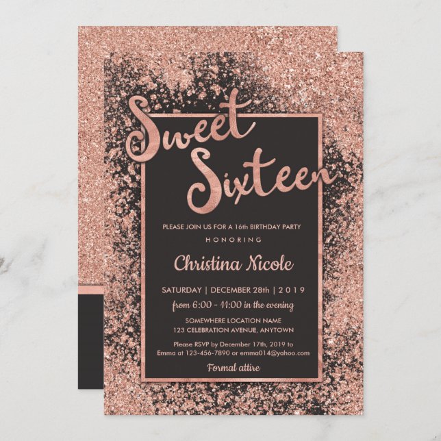 Rose Gold Grey Sweet 16, Trendy Glitter Invitation (Front/Back)