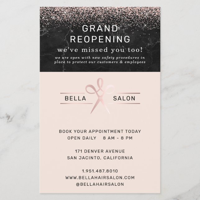 Rose Gold Hair Salon Grand Reopening Covid Safety Flyer (Front)