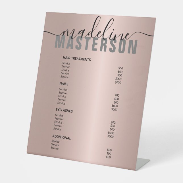 Rose Gold Hair Stylist Price List Service Menu Pedestal Sign (Front)