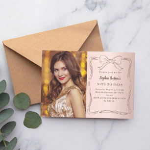 Rose gold hand-drawn bow photo birthday invitation