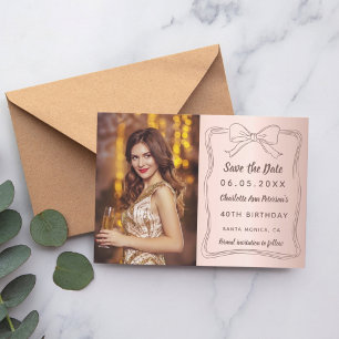 Rose gold hand-drawn bow photo birthday save the date