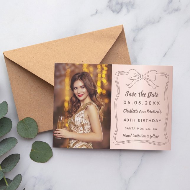 Rose gold hand-drawn bow photo birthday save the date (Creator Uploaded)