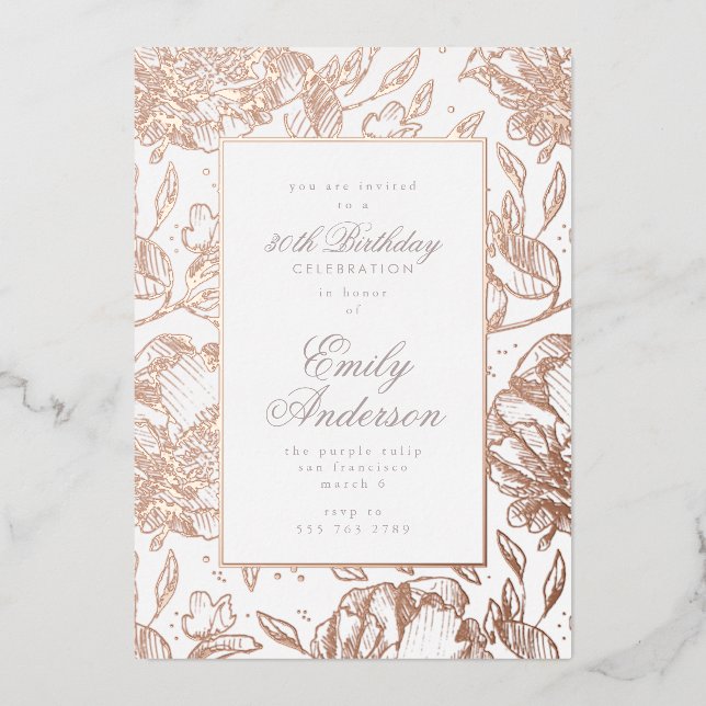 Rose Gold Hand Drawn Floral Birthday Foil Invitati (Front)