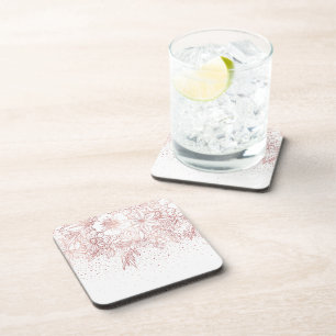 Rose gold hand drawn floral doodles and confetti coaster
