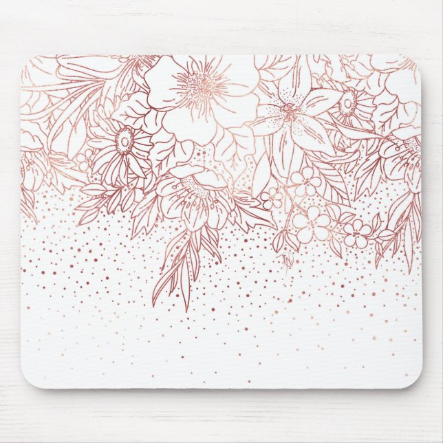 Rose gold hand drawn floral doodles and confetti mouse pad (Front)