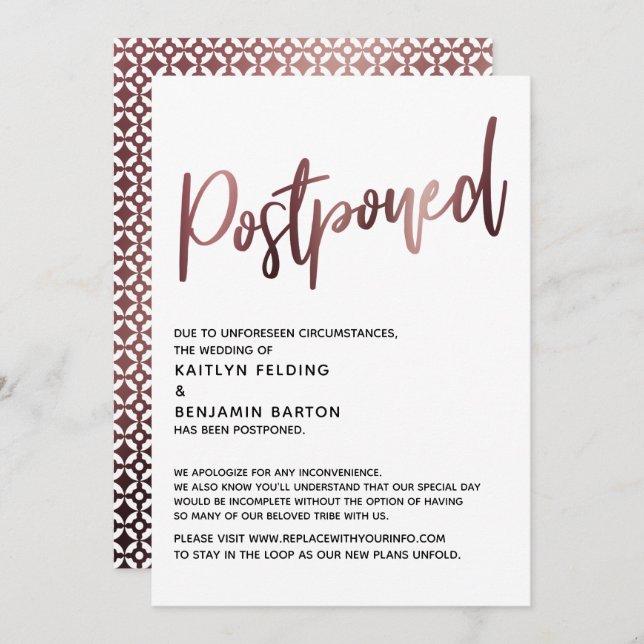 Rose Gold Handwriting Postponed Wedding Card (Front/Back)