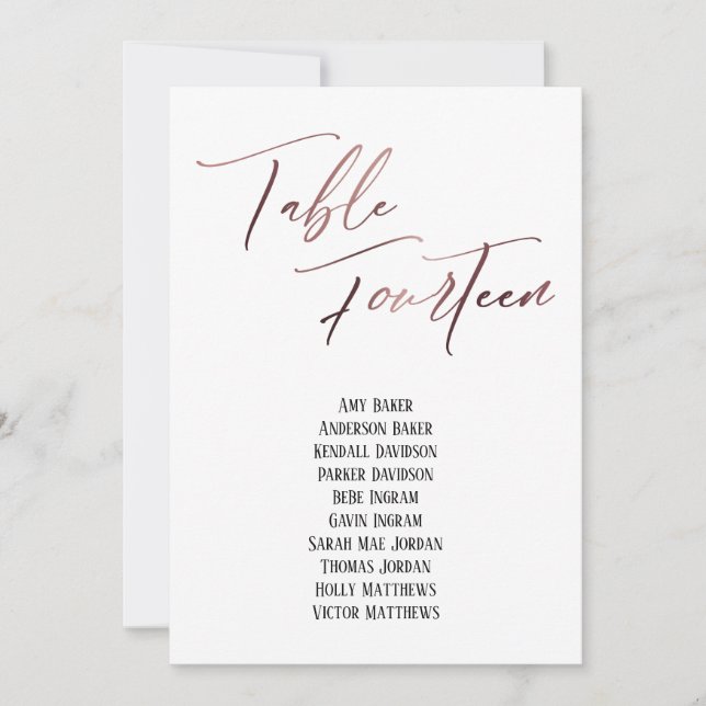Rose Gold Handwriting Table Fourteen Seating Chart (Front)
