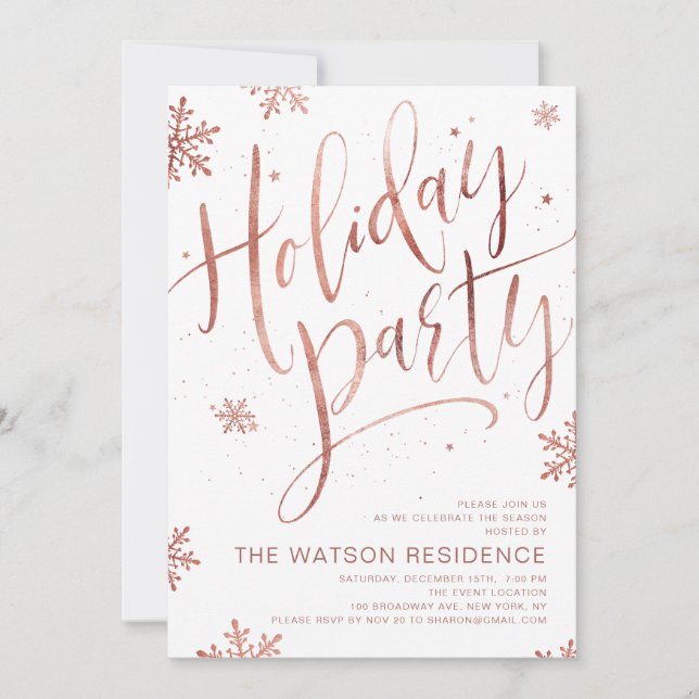 Rose gold handwritten calligraphy holiday party invitation (Front)