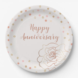 Rose Gold Happy Anniversary with Polka Dots Paper Plate