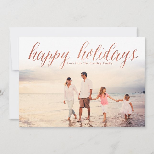 Rose Gold Happy Holidays Glitter Look Photo Card (Front)