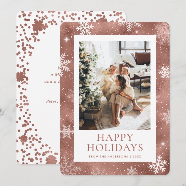Rose Gold Happy Holidays Snowflake Snow Photo Holiday Card (Front/Back)