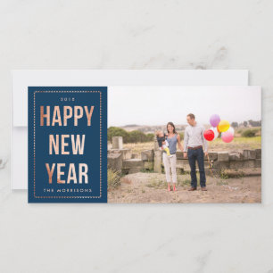 Rose Gold Happy New Year Faux Glitter on Navy Blue Holiday Card
