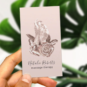Rose Gold Healing Hands & Flowers Massage Therapy Business Card