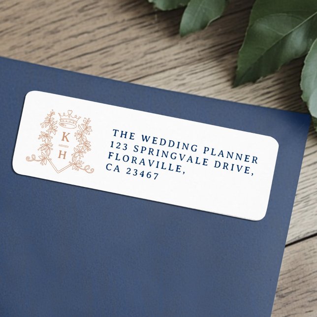 Rose gold heart crown monogram wedding return address label (Creator Uploaded)