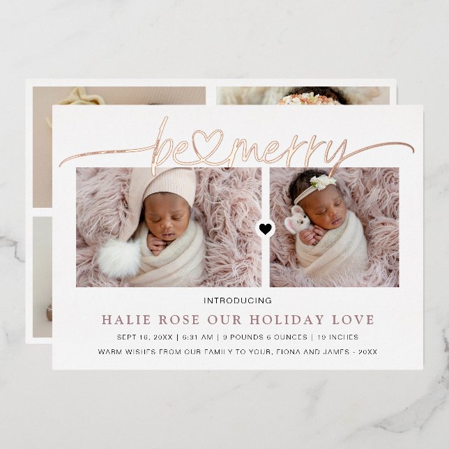 Rose Gold Heart Linked Be Merry Photos  Foil Holiday Card (Front/Back)