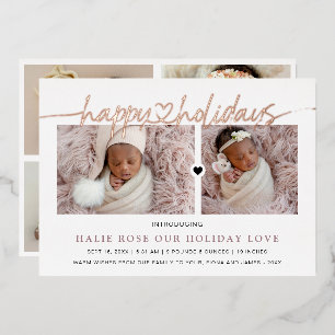 Rose Gold Heart Linked Happy Holidays Photos Foil Holiday Card