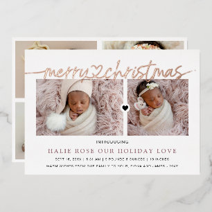 Rose Gold Heart Linked Merry Christmas Photos Foil Holiday Card