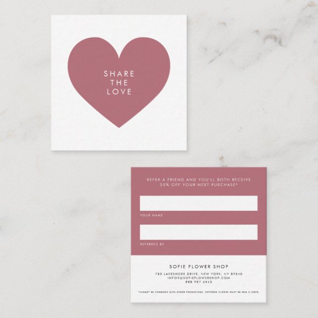 Rose Gold Heart Minimalist Share the Love Business Referral Card (Front/Back)