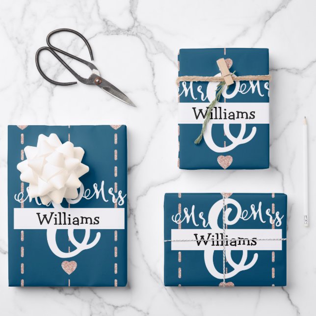 Rose Gold Heart Pattern Mr & Mrs Name Wedding Blue Wrapping Paper Sheet (Front)