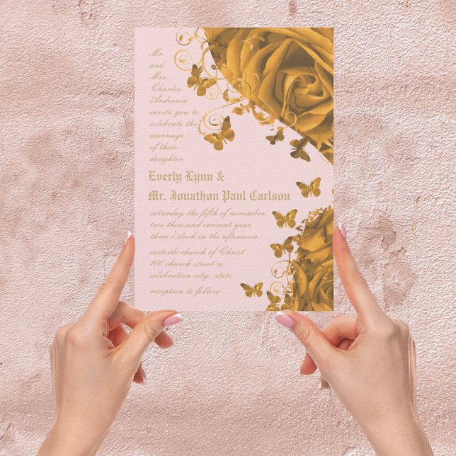 Rose Gold Hearts and Roses Wedding Invitation (Creator Uploaded)