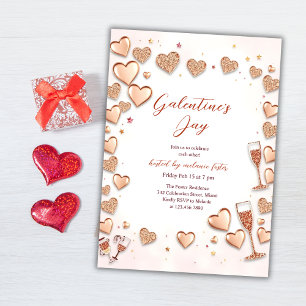 Rose Gold Hearts Champagne Galentine’s Day Party Invitation