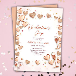 Rose Gold Hearts Champagne Valentine’s Day Party Invitation