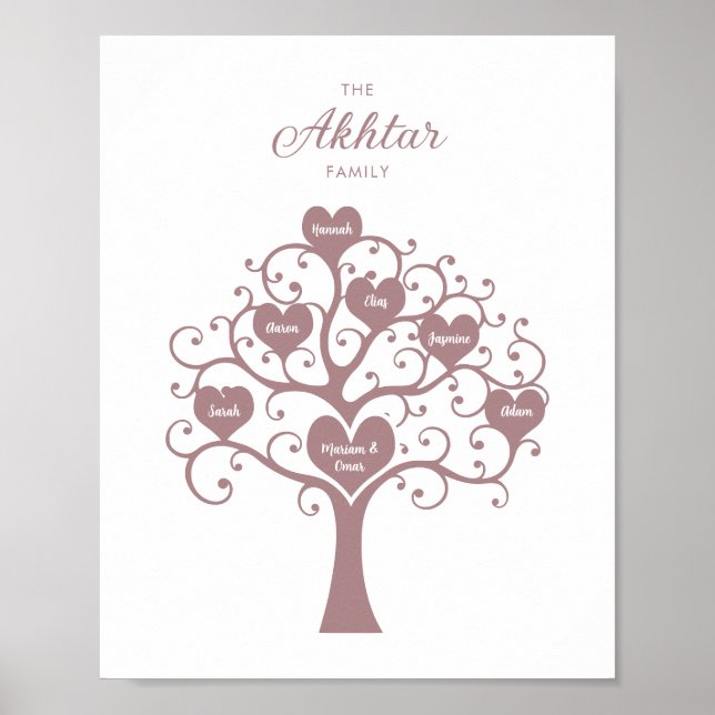 Rose Gold Hearts Family Tree Poster (Front)
