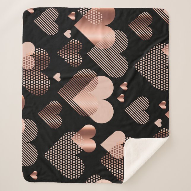 Rose gold hearts, vintage black. sherpa blanket (Front)