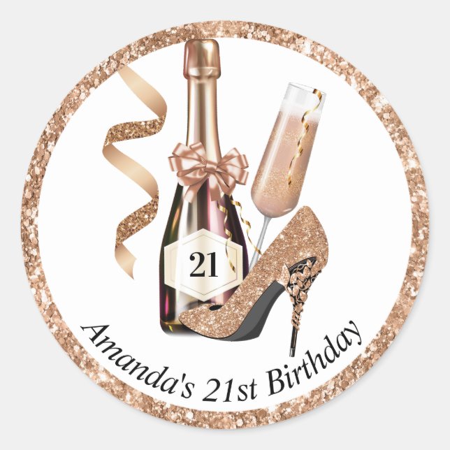 Rose Gold Heels and Champagne Women's Birthday Classic Round Sticker (Front)