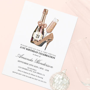 Rose Gold Heels and Champagne Women's Birthday Invitation