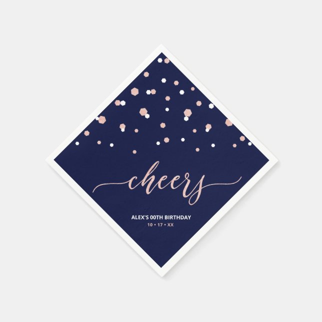 Rose gold Hexagon Confetti Cheers Custom Party Napkin (Corner)
