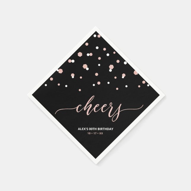 Rose gold Hexagon Confetti Cheers Custom Party Napkin (Corner)