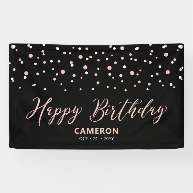 Rose Gold Hexagon Confetti Custom Happy Birthday B Banner (Horizontal)