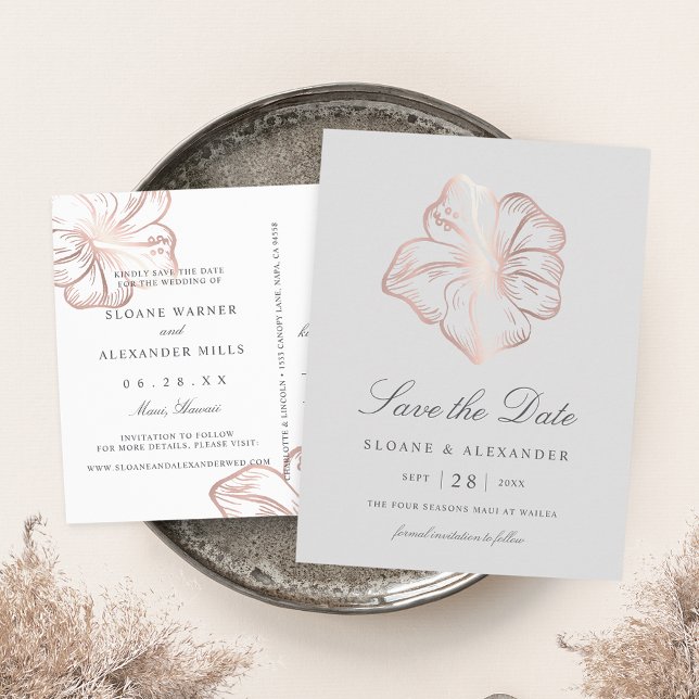 Rose Gold Hibiscus Flower Wedding Save the Date Announcement Postcard (Creator Uploaded)